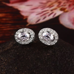 Natural Ceylon White Sapphire Oval Cut Gemstone Stud Earrings, 6x4 MM Handmade Silver Studs 925 Sterling Silver Stud Earrings,Gift for her