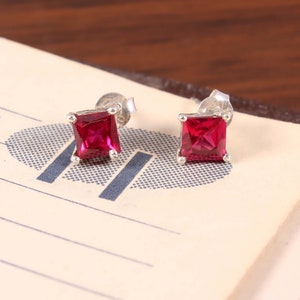 Natural Mozambique Square Red Ruby Stud Earrings, Handmade Silver Studs, 925 Sterling Silver Stud Earrings, Valentine Gift, Gift for her,