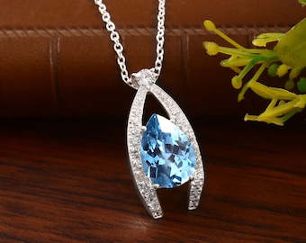 Colgante de pera de aguamarina azul cielo impecable AAA: dije de plata de ley 925 (14 x 10 mm), colgante de compromiso, regalo de propuesta,