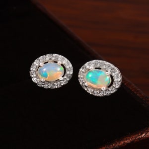 AAA Grade Natural Ethiopian Opal Oval Cabochon Stud Earrings, Handmade Silver Studs, 925 Sterling Silver Stud Earrings Gift for her, 6x4 MM