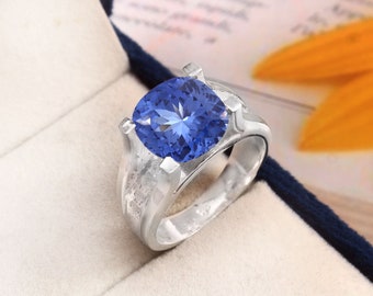 AAA Flawless Ceylon Blue Sapphire Cushion Cut Gemstone Ring 11x11 MM Statement Ring Wedding Ring Engagement Ring 925 Sterling Silver Ring