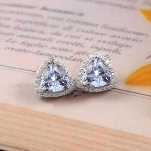 8x8 MM Natural Brazilian Aquamarine Trillion Cut Gemstone Stud Earrings Handmade Silver Dangles,925 Sterling Silver Dangle Stud,Gift for her