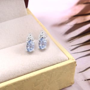 Natural Brazilian Aquamarine Oval Cut Gemstone Stud Earrings, Handmade Silver Dangles,925 Sterling Silver Dangle Stud,Gift for her 6x4 MM