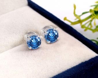 AAA Flawless Ceylon Fancy Blue Spinel Round Cut Gemstone Stud Earrings, 6x6 MM Handmade Silver Studs, 925 Sterling Silver Stud Earrings