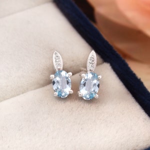 Natural Brazilian Aquamarine Oval Cut Gemstone Stud Earrings, Handmade Silver Dangles,925 Sterling Silver Dangle Stud,Gift for her 6x4 MM