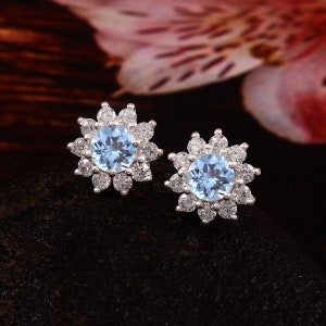 Natural Brazilian Aquamarine Round cut Gemstone Stud Earrings, 6x6 MM Handmade Silver Dangles,925 Sterling Silver Dangle Stud,Gift for her