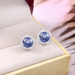 Natuurlijke Ceylon blauwe saffier ronde geslepen edelsteen oorbellen, 7 x 7 mm handgemaakte zilveren stekers, 925 sterlingzilveren oorbellen, cadeau voor haar