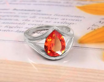 AAA 11x9 MM Flawless Ceylon Orange Padparadscha Sapphire Pear Cut Gemstone Ring, 925 Sterling Silver Ring, Statement Ring, Wedding Ring,