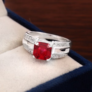 Anel em Prata de Lei com Rubi de Moçambique AAA Impecável: Anel de destaque com corte Asscher, anel de noivado, presente de pedido de casamento, 9 x 9 mm