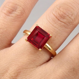 Mozambique Blood Red Ruby Square Cut Gemstone Ring, 925 Sterling Silver 10K Gold Plated Over Ring, Wedding Ring, Engagement Ring, 9x9 MM