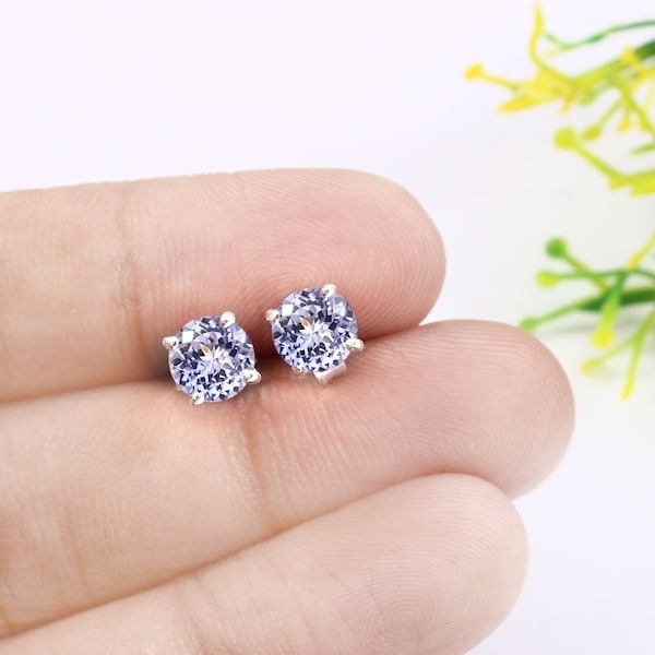 AAA Flawless Kashmiri Light Blue Sapphire Round Cut Gemstone Stud Earrings, 6x6 MM  Handmade Silver Studs, 925 Sterling Silver Stud Earrings