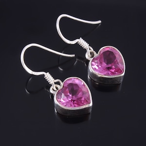 Natural Ceylon Pink Sapphire Heart Dangle Earrings,Handmade Silver Dangles Earing,925 Sterling Silver Dangle,Valentine Gift,Gift for her,