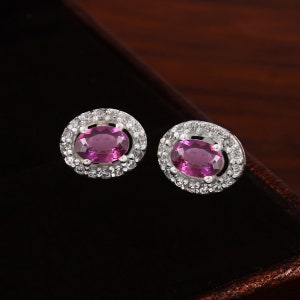 AAA Grade 6x4 MM Flawless Ceylon Purple Pink Sapphire Oval Cut Gemstone stud, Handmade 925 Sterling Silver Dangle Valentine Gift for her