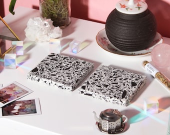 Moonlight Black and White Square Terrazzo Coaster