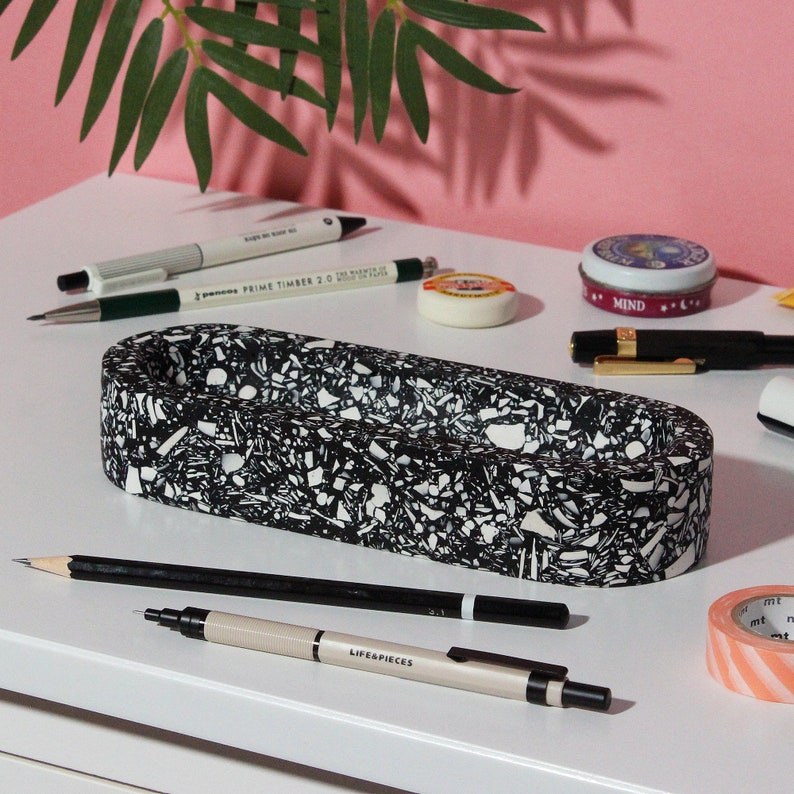 Stationery Tray with Midnight Black and White Terrazzo Pattern for Pens and Pencils Desk Organisation image 2