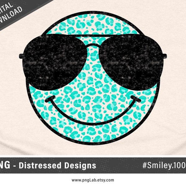 Teal Retro Animal Print Smiley Face PNG design, Distressed PNG design - retro smiley face with aviator sunglasses - printable png design