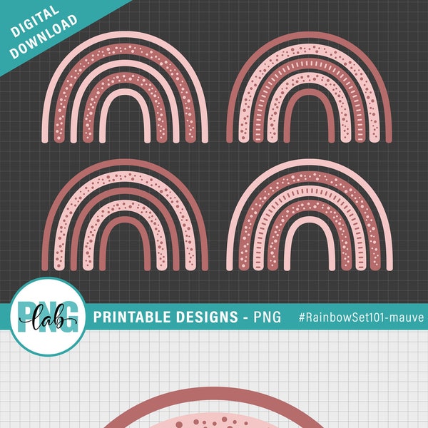 Mauve Rainbow PNG Design / Printable Rainbow Clip art / Rainbow Sublimation Design / pink and mauve rainbow set of 4 / Digital Download