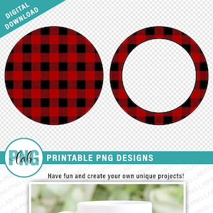 May include: Two printable PNG designs featuring a red and black buffalo plaid pattern. One design is a filled circle and the other is a circle with a white center. The designs are perfect for creating custom crafts and projects.