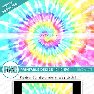 Może przedstawiać: Cyfrowy plik do pobrania z wzorem tie-dye do wydrukowania w rozmiarze 30,48 x 30,48 cm w kolorystyce tęczy. Wzór przedstawia wirujący wzór w kolorze różowym, niebieskim, żółtym, zielonym i białym.