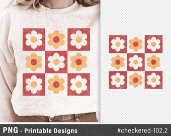 Checkered Retro flowers Background PNG design - Printable Checkered Background PNG image - Checkered Background Printable