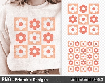 Checkered Retro flowers Background PNG design - Printable Checkered Background PNG image - Peach Pink Checkered Background Printable