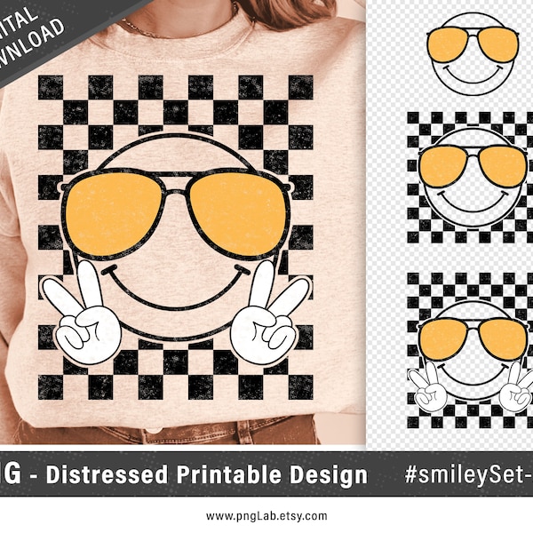 Retro Smiley Face PNG design set, smiley with Sunglasses - Distressed PNG design - retro smiley face, aviator sunglasses, hand peace sign