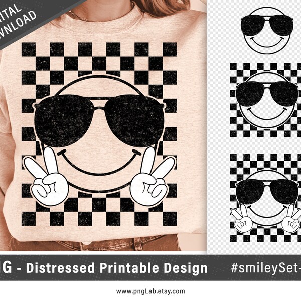 Retro Smiley Face PNG design set, smiley with Sunglasses - Distressed PNG design - retro smiley face, aviator sunglasses, hand peace sign