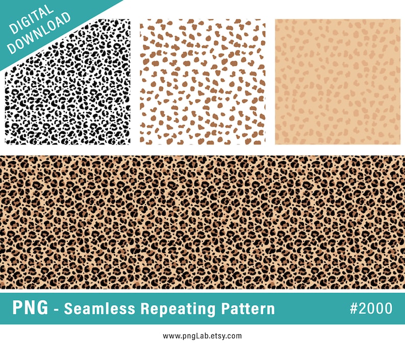 May include: A digital download of a seamless leopard print pattern in black and white, brown and white, and brown and black. The pattern is available in PNG format.