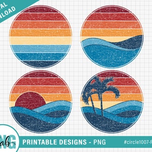 Set of Retro Sunset Circle Backgrounds - PNG files, round sublimation circle design, distressed grunge retro, retro sunset, Digital Download