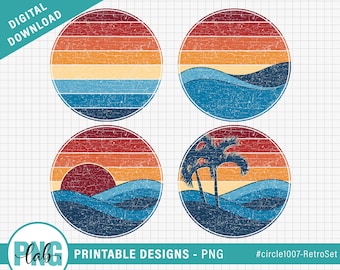 Set of Retro Sunset Circle Backgrounds - PNG files, round sublimation circle design, distressed grunge retro, retro sunset, Digital Download