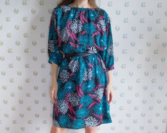 80's 90's flower pattern dress . Raglan Sleeves Botanic Dress . Tropical long Dress