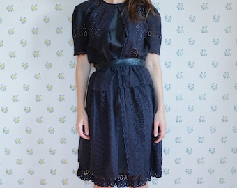 80's black knee cotton dress //black lace dress