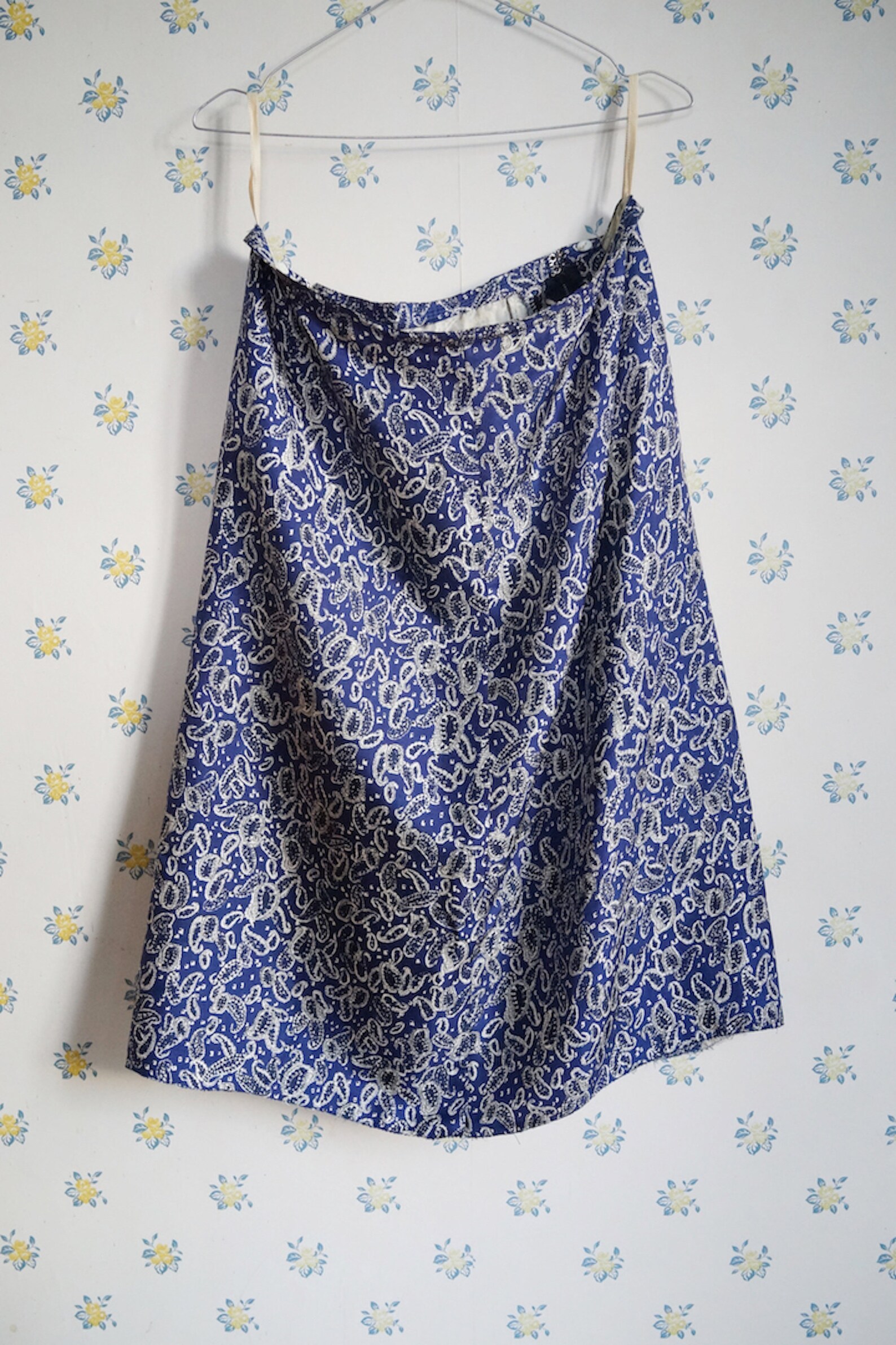 Blue paisley pattern skirt // Vintage straight satin silk Etsy