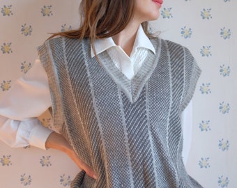 Pull/gilet laine sans manches Cacharel, unisexe, vintage, jacquard gris, col v