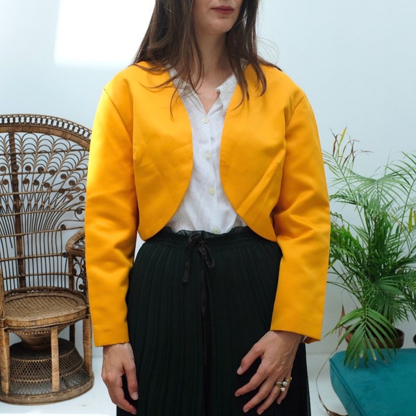 Caraco court vintage jaune manches raglan/ Gilet court manches longues vintage/veste mariage ocre