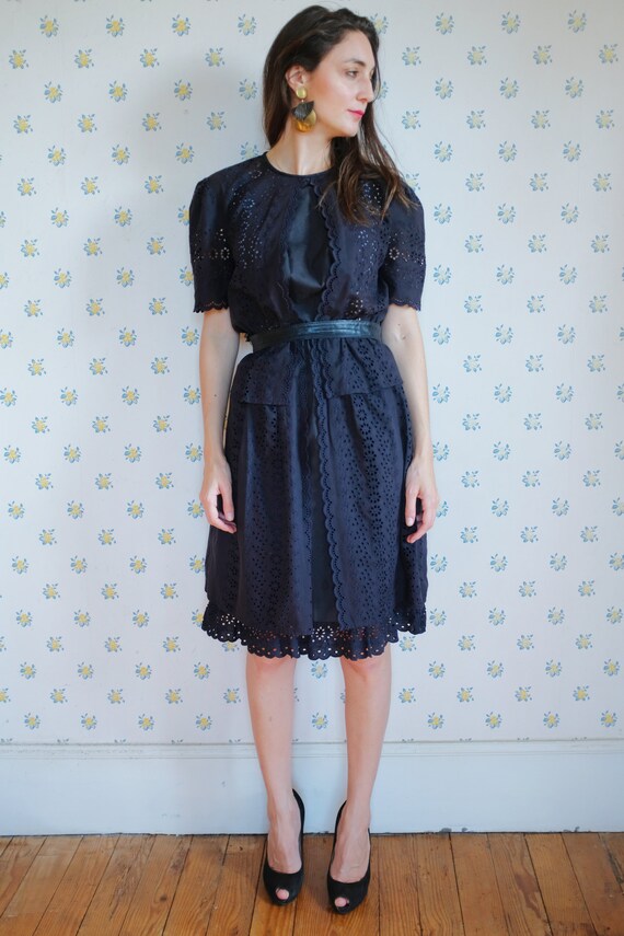 80's black knee cotton dress //black lace dress
