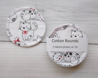 Set of 6 Cat Reusable Cotton Rounds, Flannel Face Wipes, Washable Make-up Remover Facial Pads, Eco-Friendly Face Scrubbies