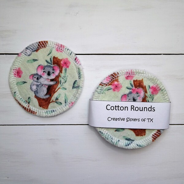 6 Koala Bear Reusable Cotton Rounds. Soft Absorbent Flannel Face Wipes, Washable Make-up Remover Facial Pads, Eco-Friendly Face Scrubbies