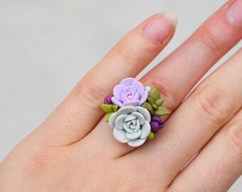 Succulent ring / Statement ring / Clay succulent ring / Succulent botanical jewelry / Gift idea for her / Plant jewelry