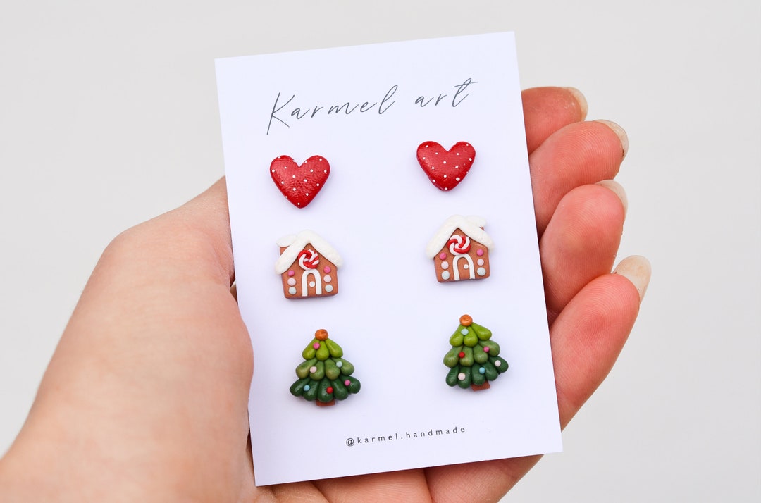 Christmas Stud Earrings Set of 3 Christmas Tree Earrings Gingerbread