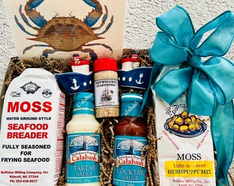 Carolina Fish Fry Meal Gift Kit- Calabash, North Carolina Seafood, Hushpuppy Mix, Family Dinner Fisherman Gourmet Basket