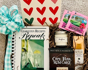 Southern Love Gift Basket Box- North Carolina Red Velvet Rum Cake, Historic Charleston Cookbook, Candle, Coffee & Tea- Mother’s Day, Teacher