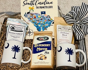 South Carolina Coffee & Blueberry Muffin Gift Basket Box- Made in SC Welcome Gift, Corporate Client Office Appreciation, Father’s Day Basket