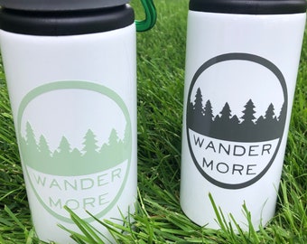 Wander More Water Bottle | Water Bottle w. Straw | Water Bottle w. Carabiner | Hiking Water Bottle | 22oz Water Bottle | Pine Water Bottle