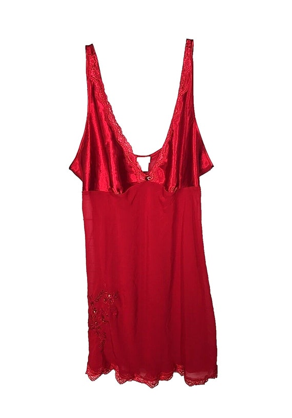 Womans Red Embroidered Floral Sequin V-Neck Satin 