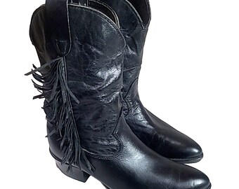 Texas Black Genuine Leather Fringe Pointed Toe Western Boots Youth 4 Womans 5.5