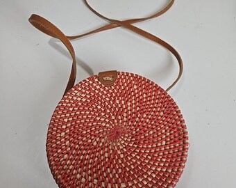 Womens Red Native Rattan Circle Round Woven Crossbody Casual Boho Sling Bag