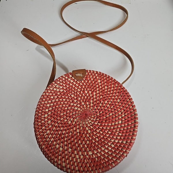 Womens Red Native Rattan Circle Round Woven Crossbody Casual Boho Sling Bag