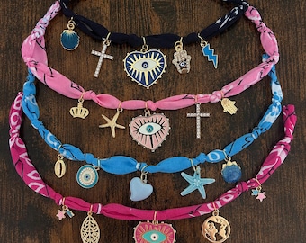 Handmade Bandana Choker Necklace, Gold Charms, Boho Summer Jewelry