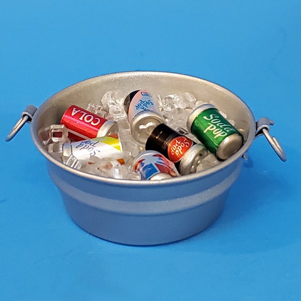 1:12 scale miniature metal tub of ice filled with 6 miniature beer cans or soda pop cans